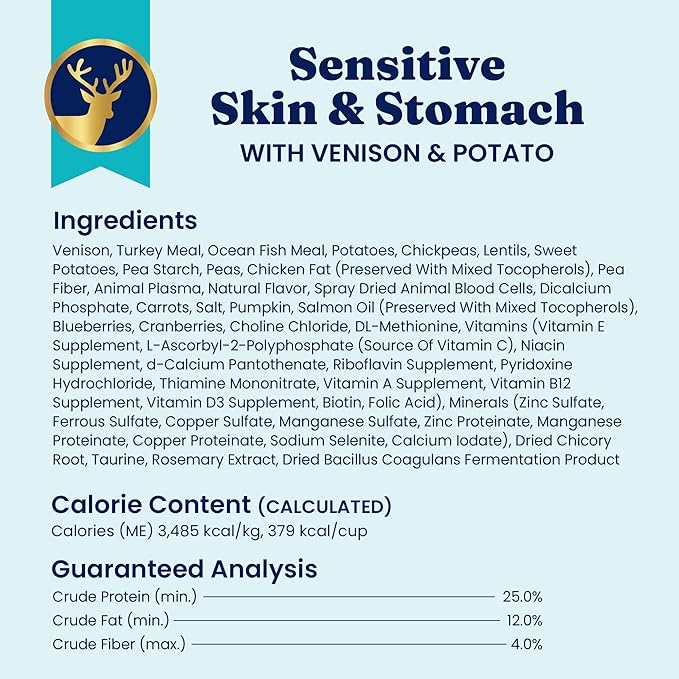 Solid Gold Dry Dog Food for Sensitive Stomachs - Grain Free & Gluten Free w/Venison, Pumpkin & Probiotics for Gut Health & Digestion - Sensitive Stomach Dog Food for All Ages - Nutrientboost  22LB