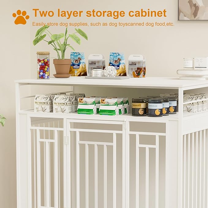 43.3 Inch Wooden Dog Crate Furniture for Large Dogs with Storage Drawers,Heavy Duty Double Door Pet Kennel with Divider,Decorative Dog House for Living Room,Bedroom,White