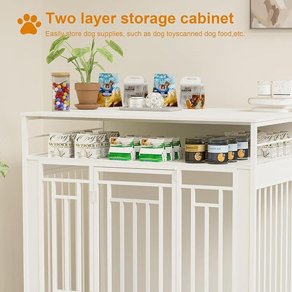 43.3 Inch Wooden Dog Crate Furniture for Large Dogs with Storage Drawers,Heavy Duty Double Door Pet Kennel with Divider,Decorative Dog House for Living Room,Bedroom,White