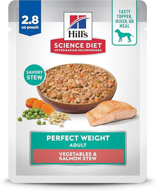 Hill's Science Diet Perfect Weight, Adult 1-6, Weight Management Support, Wet Dog Food, Salmon & Vegetables Stew, 2.8 oz Pouch, Case of 24