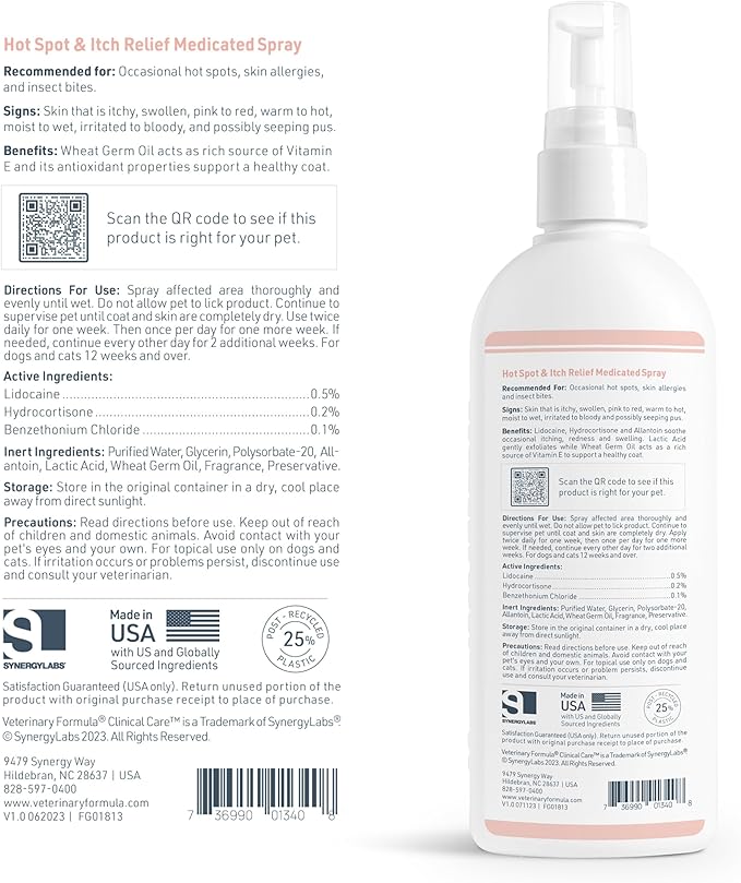 Veterinary Formula Clinical Care Hot Spot & Itch Relief Medicated Spray, 8oz  Easy to Use Spray for Dogs & Cats  Helps Alleviate Sensitive Skin, Scratching, and Licking of Coat (1 Pack)