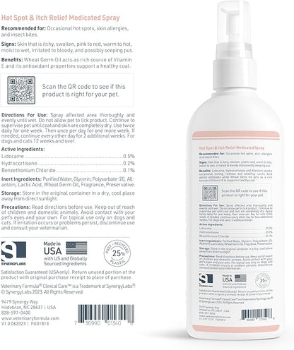 Veterinary Formula Clinical Care Hot Spot & Itch Relief Medicated Spray, 8oz  Easy to Use Spray for Dogs & Cats  Helps Alleviate Sensitive Skin, Scratching, and Licking of Coat (1 Pack)