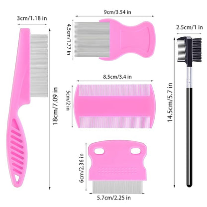 5 Pack Flea Lice Comb,Stainless Steel Dog Cat Grooming Combs With Rounded Teeth,Double-Sided Tear Stain Remover,Dematting Comb For Dogs Cats Ideal For All Types Of Small, Medium, Large Pets (Pink)