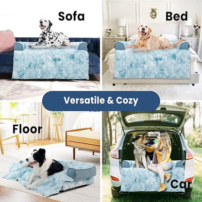 Calming Extra Large Dog Couch Bed for Dogs, 45 x 37 inch Waterproof Removable Pet Mat Couch Cover for Furniture Protector, Non-Slip Fluffy Pelsbarn Dog Bed for Couch, Sofa, Car - Tie-Dye Blue