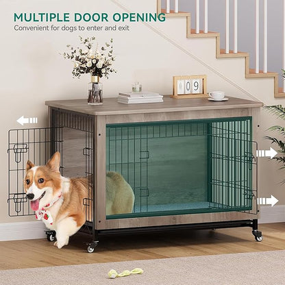 DWVO Dog Kennel Furniture with Cushion, 38" Wooden Dog Crate Furniture with Wheels, Dog Crate End Table with Tray, Dog Cage with Double Doors for Small/Medium Dog (Grey)