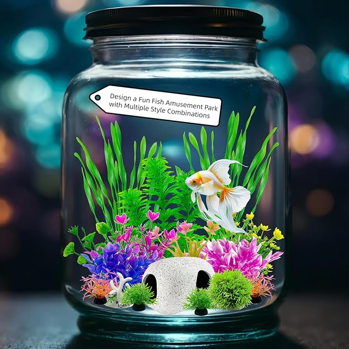 Aquarium Decorations Set, 16Pieces Artificial Plastic Plants & Smooth Fish Cave Rock, Non-Damaging Ornaments for Fish Tank with Gift Box Packaging, Goldfish & Betta Fish Tank Accessories