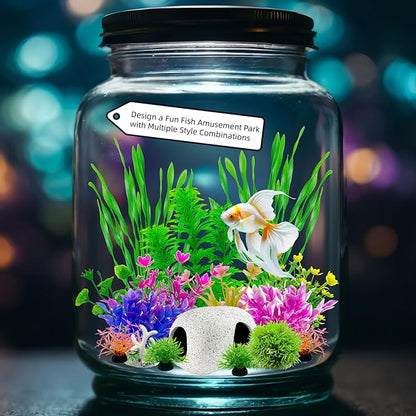 Aquarium Decorations Set, 16Pieces Artificial Plastic Plants & Smooth Fish Cave Rock, Non-Damaging Ornaments for Fish Tank with Gift Box Packaging, Goldfish & Betta Fish Tank Accessories