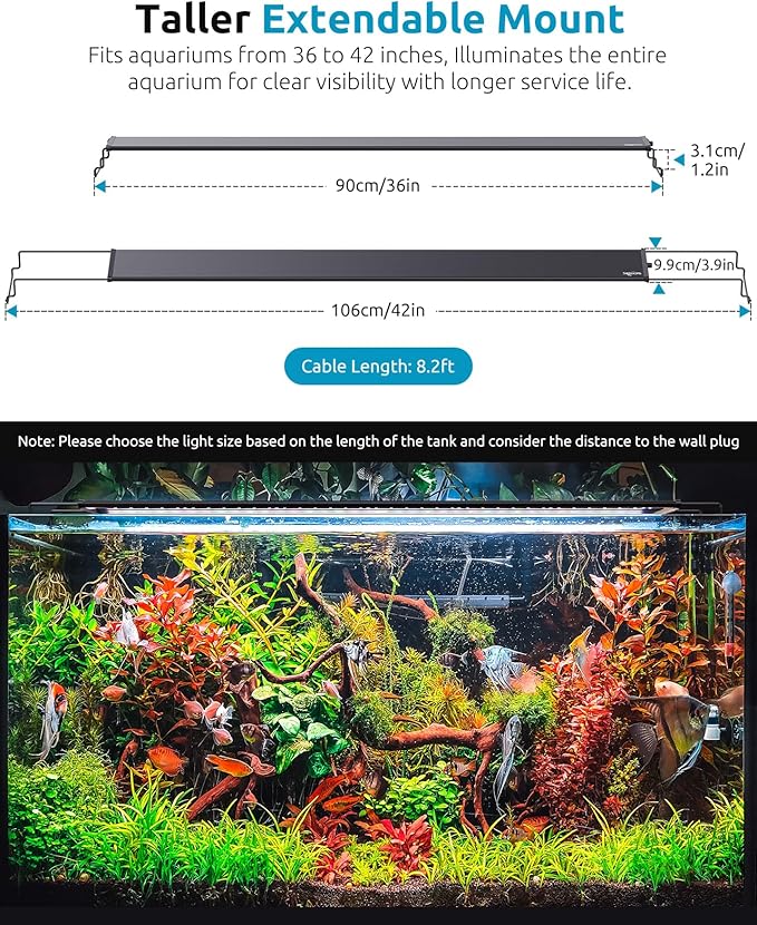 SEAOURA Full Spectrum Aquarium Light, 24/7 Custom Timer, Power-Off Memory, 36-42in 7-Row LED Fish Tank Lights, 8 Colors, 20 Brightness, Day & Night Cycle, Adjustable Mount for Freshwater Plant Growth