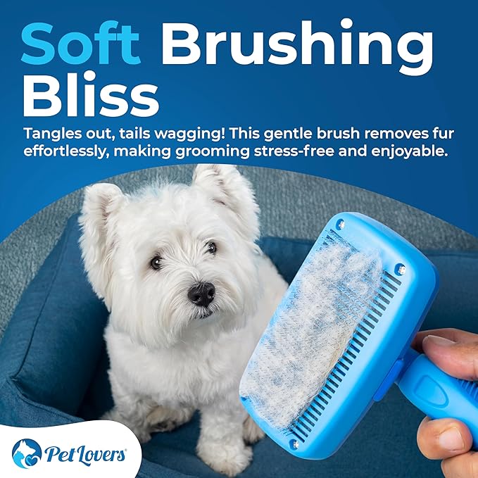 PetLovers EzSlicker Self-Cleaning Brush - Dog Brush for Shedding, Gentle Slicker Brush for Cats, Tangle-Free Grooming Comb with Soft Bristles & Ergonomic Handle for Stress-Free Grooming