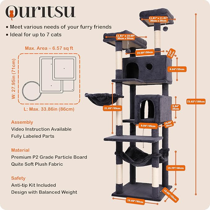 Ouritsu Cat Tree, 73.6 inch Tall Cat Climbing Tower for Large Cat Indoor with 2 Large Condos, 2 Widened Perches, Sisal Covered Scratching Posts, 2 Hammocks, Dark Gray, XLF001DG