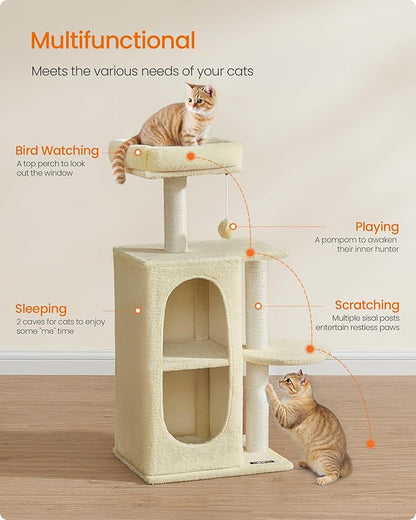 Feandrea Cat Tree Tower with 2 Caves for Multi-Cat Households, Kittens, Scratching Posts, Sand Beige UPCT005Y01