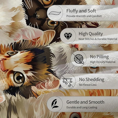 Cute Cat Flannel Throw Blanket, Soft Cozy Lightweight Animal Blankets for Couch, Bed, Travel, Outdoor & Home Decor, Warm Fuzzy Blanket for Adults Kids Women Girls 80×60 in