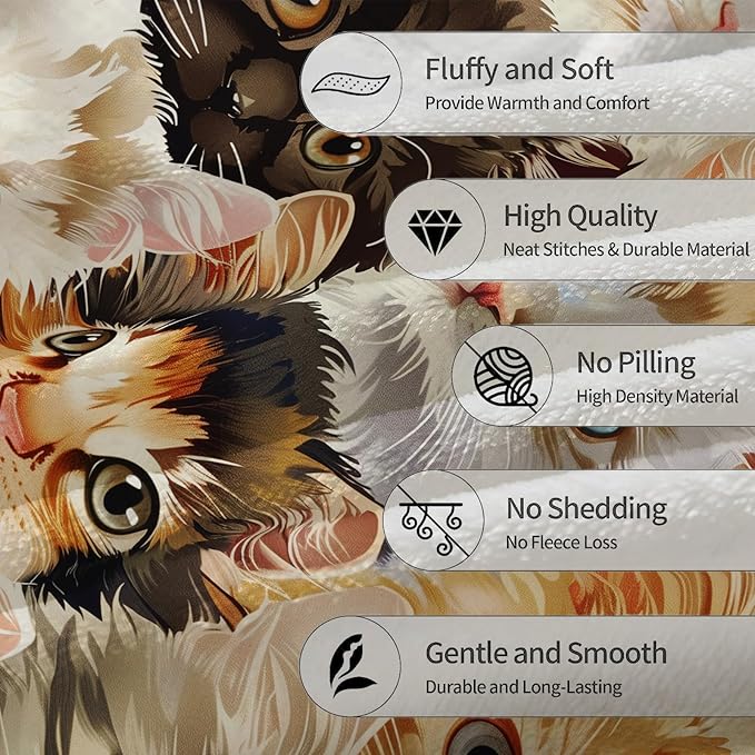 Cute Cat Flannel Throw Blanket, Soft Cozy Lightweight Animal Blankets for Couch, Bed, Travel, Outdoor & Home Decor, Warm Fuzzy Blanket for Adults Kids Women Girls 50×40 in