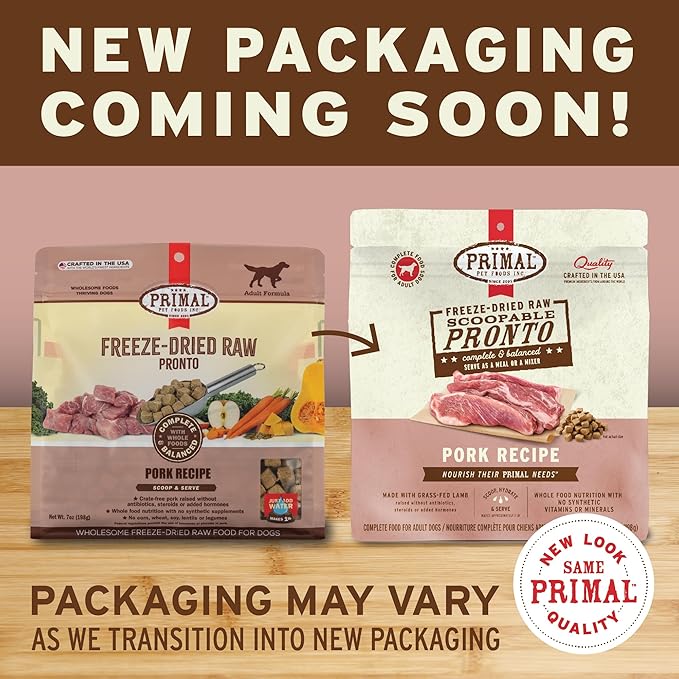 Primal Freeze Dried Dog Food Pronto, Pork; Scoop & Serve, Complete & Balanced Meal; Also Use As Topper or Treat; Premium, Healthy, Grain Free, High Protein Raw Dog Food (7 oz)