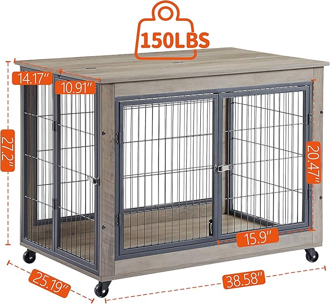 NicBex Dog Crate Furniture Dog Cage with Doors and Lift Top, Dog Kennels for Inside Space, Wooden Dog Crate on Wheels with Durable Frame for Multiple Dogs, Grey