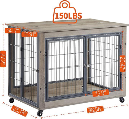KEIKI Dog Crate Furniture, 43" Iron Dog Crate with Side Openings, Double-Door Dog House for Small/Medium/Large Dog, Grey