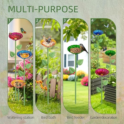 4Pcs Bee Watering Station, Metal Bird Water Feeder Butterfly Bath Bowl, Colorful Flower Shape Pollinator Watering Stake for Outdoor Yard Garden Decor (Red,Green,Blue,Yellow)