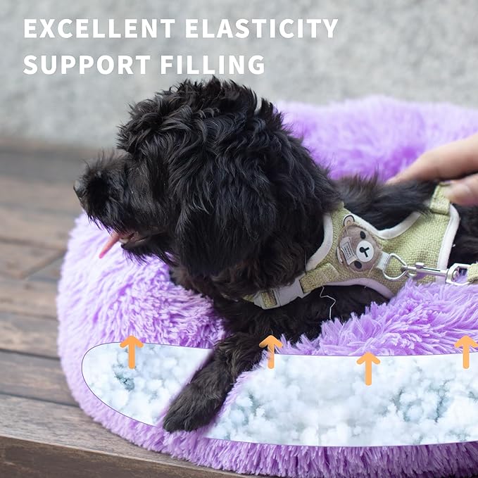 Purple Dog Bed for Small Dogs 19 Inch Donut Cuddler Plush Cat Calming Bed with Machine Washable, Non-Slip Fluffy Dog & Cat Calming Cushion Bed for Joint-Relief and Sleep Improvement