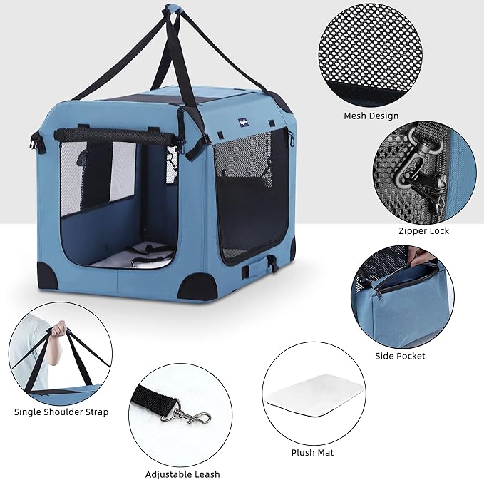 Petprsco Portable Dog Crate - 32"x23"x23" Collapsible Dog Travel Crate for Medium/Large Dogs with Soft Blanket, Foldable Bowl & Poop Bag Dispenser - Indoor & Outdoor Use