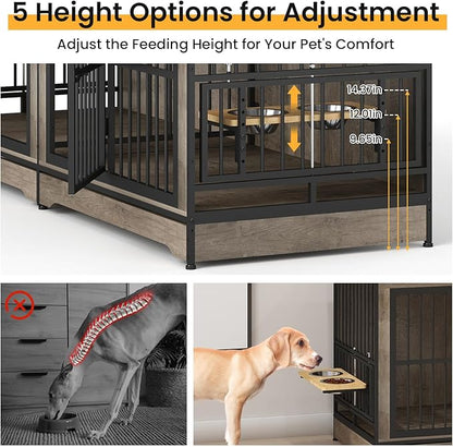 78'' Double Dog Crate Furniture for 2 Dogs, Double Dog Kennel with 360° Rotating and Adjustable Height Dog Bowl Holder with 4 Bowls, Grey Dog Kennel with Divider for Small Medium Large Dogs