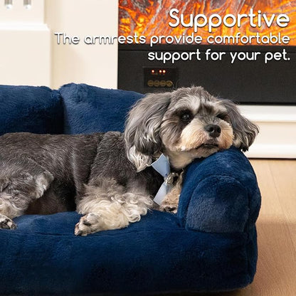 Hollypet Fluffy Plush Pet Cat Couch Sofa Soft Calming Pet Dog Sofa Beds for Medium Small Cats and Dogs, Cobalt Blue