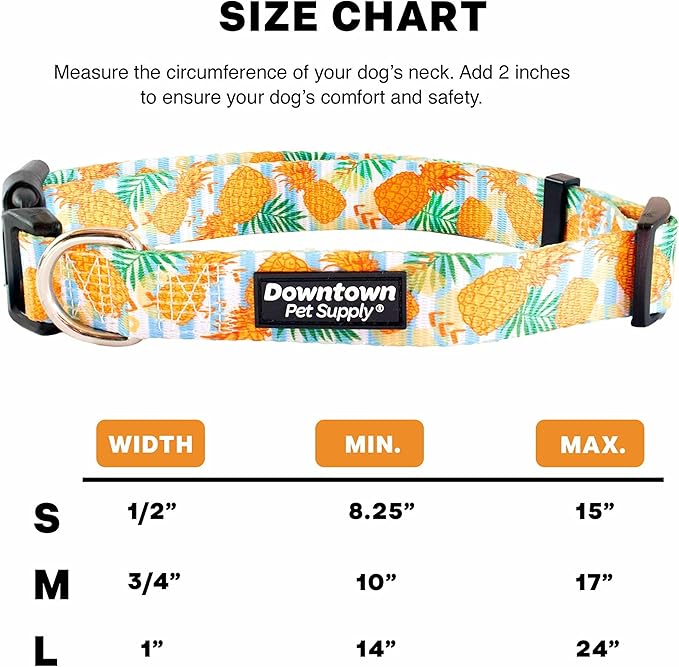 Downtown Pet Supply - Best, Cute & Fancy Dog Collar - Lightweight Adjustable Dog Collar with Quick Buckle & D-Ring - Hand Wash Safe - Pineapple - M - Medium Dog Collar