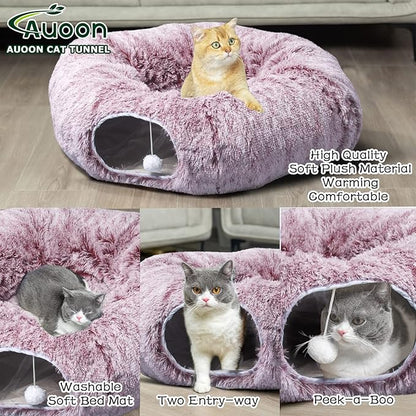 AUOON Cat Tunnel Bed for Indoor Cats - Circle Peekaboo Cat Cave with Washable Mat for Indoor Cats Kitten Kitty Puppy Rabbit Ferret (Rosiness)
