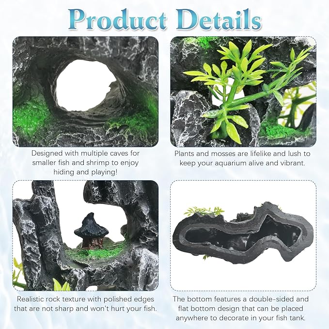 kathson Aquarium Mountain View Stone Resin Fish Tank Decorations Betta Hideout Caves Rockery Landscape Tree Aquarium Decorations Large Rock Hiding Cave Decor for Small Fish Shrimp Play Ornament