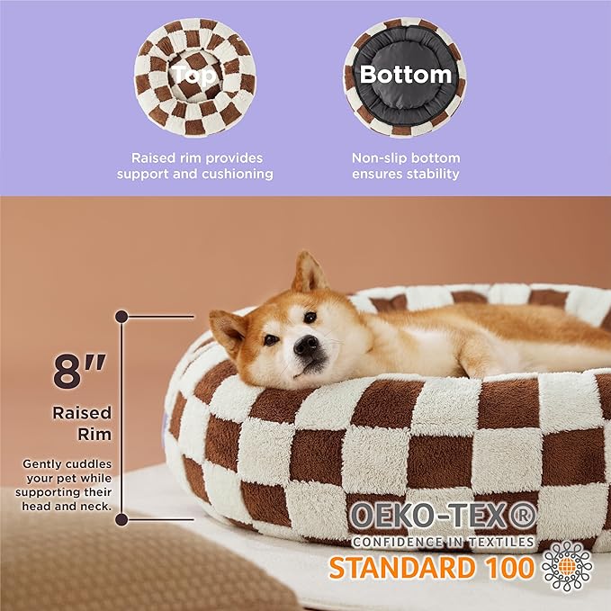 Lesure Donut Small Dog Bed - Round Cat Beds for Indoor Cats Anti-Anxiety Calming Pet Beds, Washable Cute Modern Beds with Teddy Sherpa Plush & Anti Slip Bottom Brown