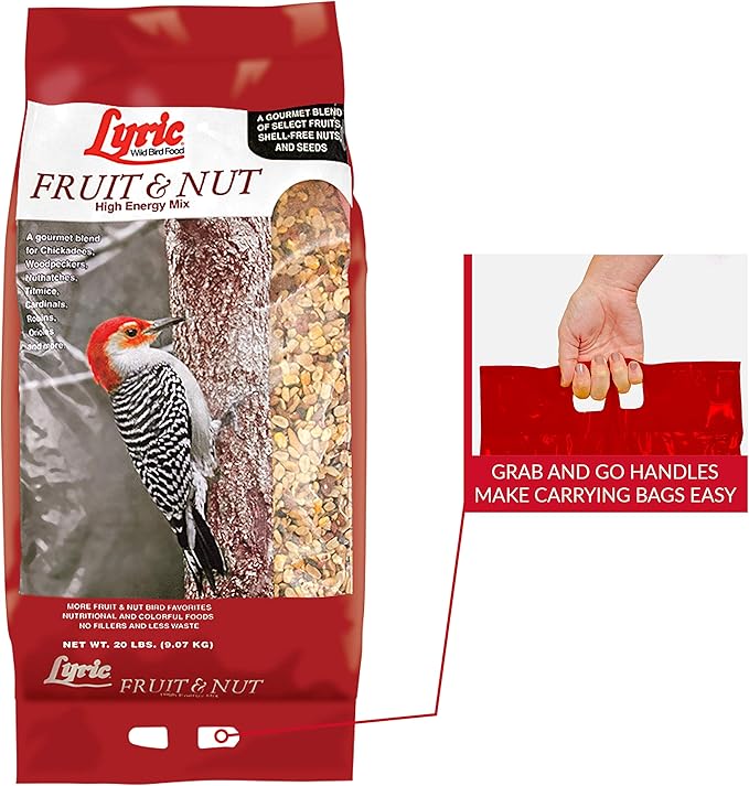 Lyric Fruit and Nut Wild Bird Seed - High Energy Wild Bird Food Mix - Attracts Woodpeckers, Chickadees & Other Songbirds - 20 lb bag