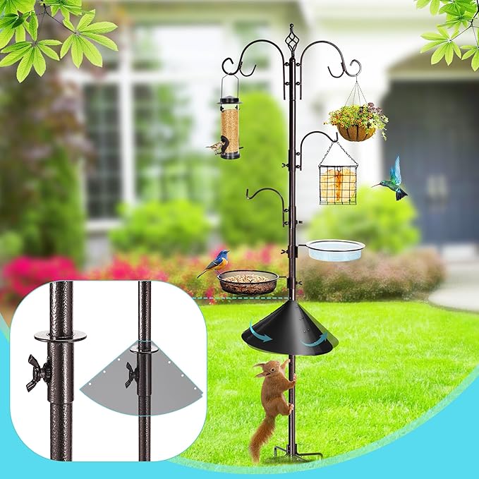 Bird Feeding Station Kit, 87 Inches Bird Feeder Pole, Premium Feeder Hanging Kit with Metal Suet, Water Bowl, Mesh Tray and Squirrel Baffle