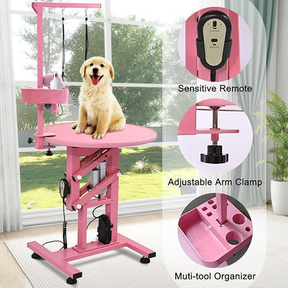 24" Electric Dog Grooming Table, Fast Lift Heavy Duty 360° Rotating Pet Grooming Desk for Small Dogs with Anti Skid Tabletop, Remote, Grooming Set, Tool Organizer, Pink