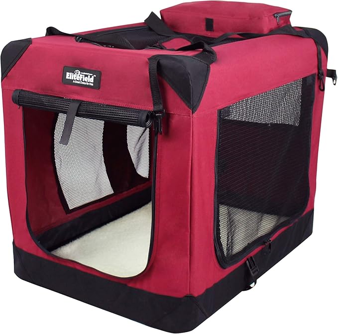 EliteField 3-Door Folding Soft Dog Crate with Carrying Bag and Fleece Bed (2 Year Warranty), Indoor & Outdoor Pet Home (42" L x 28" W x 32" H, Maroon)