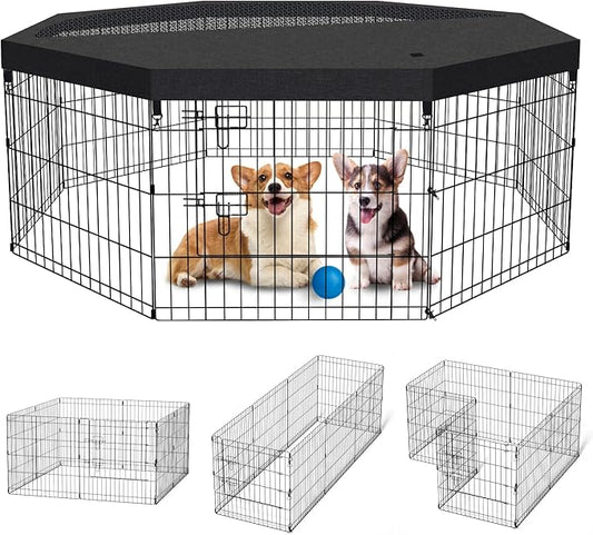 Dog Pen Pet Playpen Dog Fence Indoor Foldable Metal Wire Exercise Puppy Play Yard Pet Enclosure Indoor Outdoor 8 Panels 24 Inch with Bottom Pad/Top Cover (Black with top Cover)