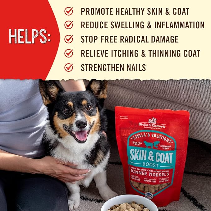 Stella & Chewy's – Stella’s Solutions Skin & Coat Boost – Grass-Fed Lamb & Wild-Caught Salmon Dinner Morsels – Freeze-Dried Raw, Protein Rich, Grain Free Dog Food – 4.25 oz Bag