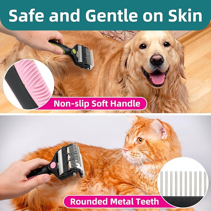 3-IN-1 Pet Grooming Tool - Undercoat Rake, Dematting Comb & Deshedding Brush for Cats & Dogs - Removes Mats, Tangles & Loose Fur, Reduces Shedding & Prevents Hair Mess (Pink)