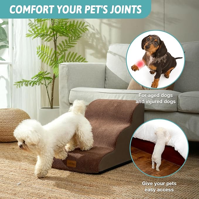 Dog Stairs for Small Dogs, Curved Pet Step with Leakproof Cover, High Density Foam Cat Ramp for Bed or Sofa, Lightweight, Durable, Comfort, 15.7x22.4x15.7 inch, 3 Tiers, Brown