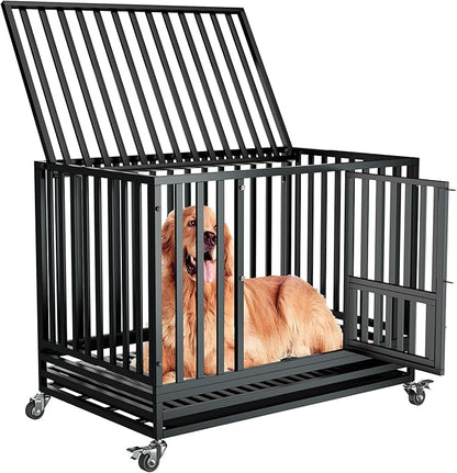 47" Heavy Duty Dog Crate,Indestructible Large Dog Cage,Escape Proof Dog Crate Dog Kennel,Two-Door Design with Wheels and Dog Crate Tray,Suitable for High Anxiety,Black