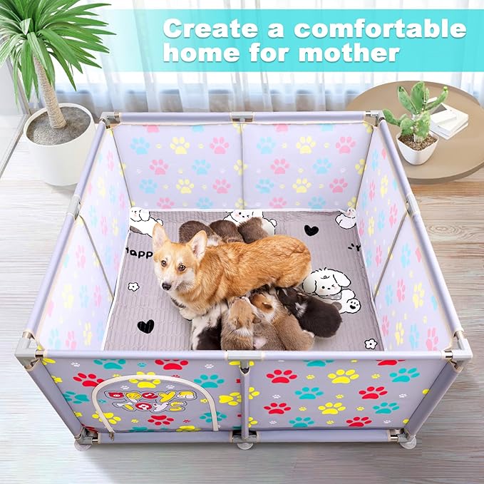 2025 Upgraded Whelping Box for Dogs,24.8__xtra Tall Dog Whelping Pen with Whelping Pad,Dog Whelping Supplies for Large Small Breed Dogs(47" Dia.x24.8 H) (Grey)