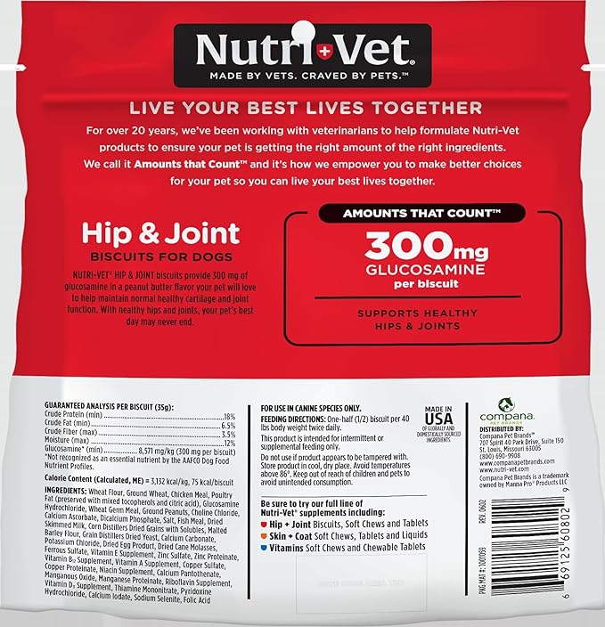 Nutri-Vet Hip and Joint Biscuits for Dogs, Large Breed Mobility Supplement, 300mg Glucosamine per Dog Treat, Supports Cartilage Flexibility and Connective Tissue, Crunchy Peanut Butter Flavor, 4lb Bag