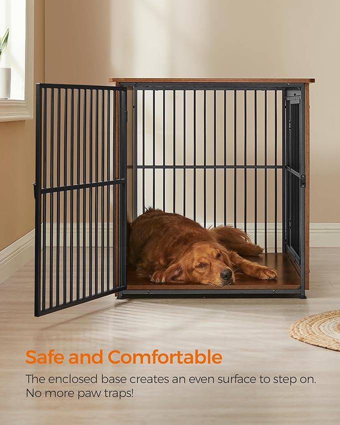 Feandrea Dog Crate Furniture, 43.3" Side End Table, Modern Kennel for Dogs Indoor up to 80 lb, Heavy-Duty Dog Cage with Enclosed Base, Double-Door Dog House, Rustic Brown UPFC024X01