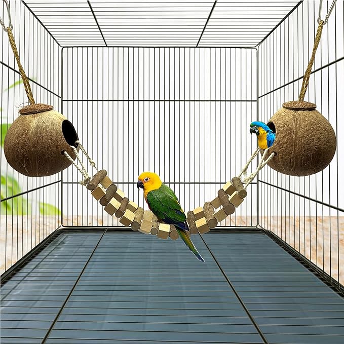 Hamiledyi Coconut Bird Nest Hut with Ladder Hanging Birds Hide House Toy for Cage Natural Coco Shell Hideaway for Parakeet Lovebirds Finch Syrian Hamster Gecko Squirrel Climbing