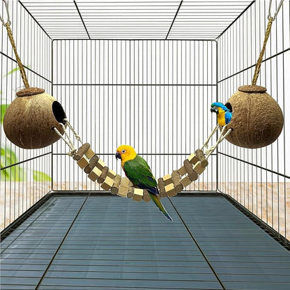 Hamiledyi Coconut Bird Nest Hut with Ladder Hanging Birds Hide House Toy for Cage Natural Coco Shell Hideaway for Parakeet Lovebirds Finch Syrian Hamster Gecko Squirrel Climbing
