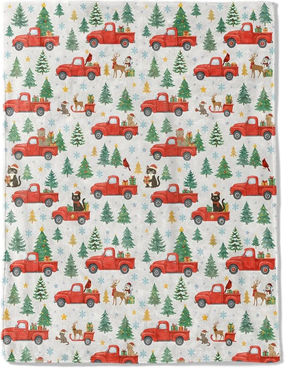 Christmas Decorative Throw Blanket, Red Truck Tree Cat Reindeer Print Decoration, Flannel Winter Blankets for Couch Bed Sofa, Holiday Home Decor, Xmas Festival Gifts Kids Adults 50x60 Inch
