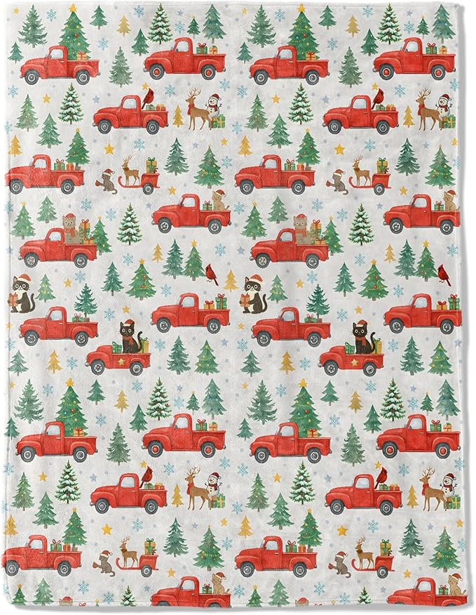 Christmas Decorative Throw Blanket, Red Truck Tree Cat Reindeer Print Decoration, Flannel Winter Blankets for Couch Bed Sofa, Holiday Home Decor, Xmas Festival Gifts Kids Adults 40x50 Inch