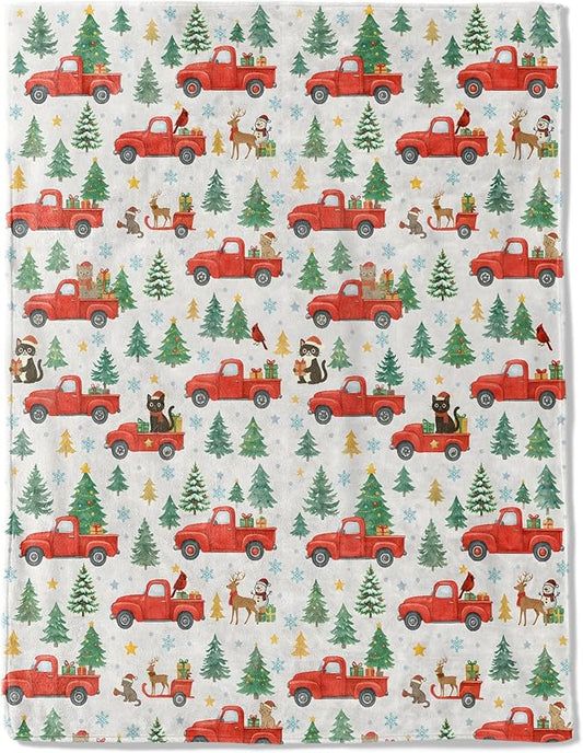 Christmas Decorative Throw Blanket, Red Truck Tree Cat Reindeer Print Decoration, Flannel Winter Blankets for Couch Bed Sofa, Holiday Home Decor, Xmas Festival Gifts Kids Adults 40x50 Inch