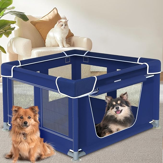 Dog Playpen, 42_42 Inch. Puppy PlayPen with Gate for Puppies,Oxford Cloth Tear Resistant Fabric. Pet PlayPen with Roof for Outdoors & Indoors. Anti-Tipping. Zipper Door. Ideal for Dogs and Cats