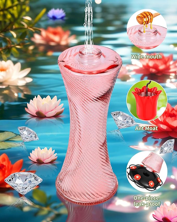 Hanging 20oz Glass Hummingbird Feeder with Moat, Small Outdoor Plastic Bird Feeder, Squirrel Proof, Ants, Outside Water Dispenser for Garden (Pink Glass Bird Feeder)