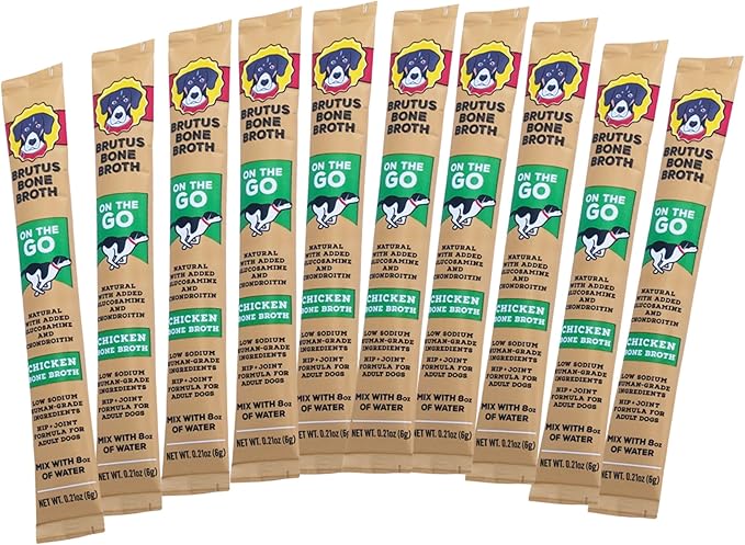 Brutus Bone Broth for Dogs - Bone Broth Powder with Chondroitin Glucosamine & Turmeric - Human Grade Dog Food Toppers for Dry Food & Picky Eaters - 10 Stick (Chicken)