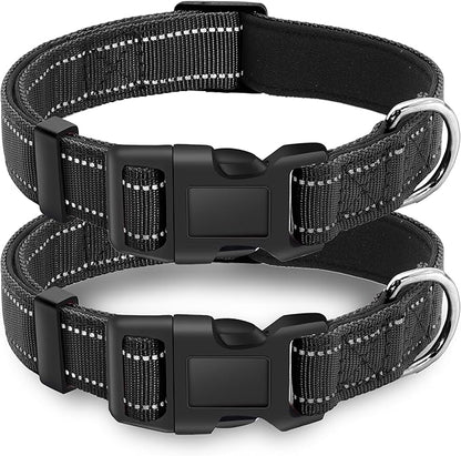 2 Pack Reflective Dog Collar with Safety Locking Buckle, Adjustable Soft Breathable Comfortable Nylon Pet Collar for Small, Medium and Large Dogs, Black, XL